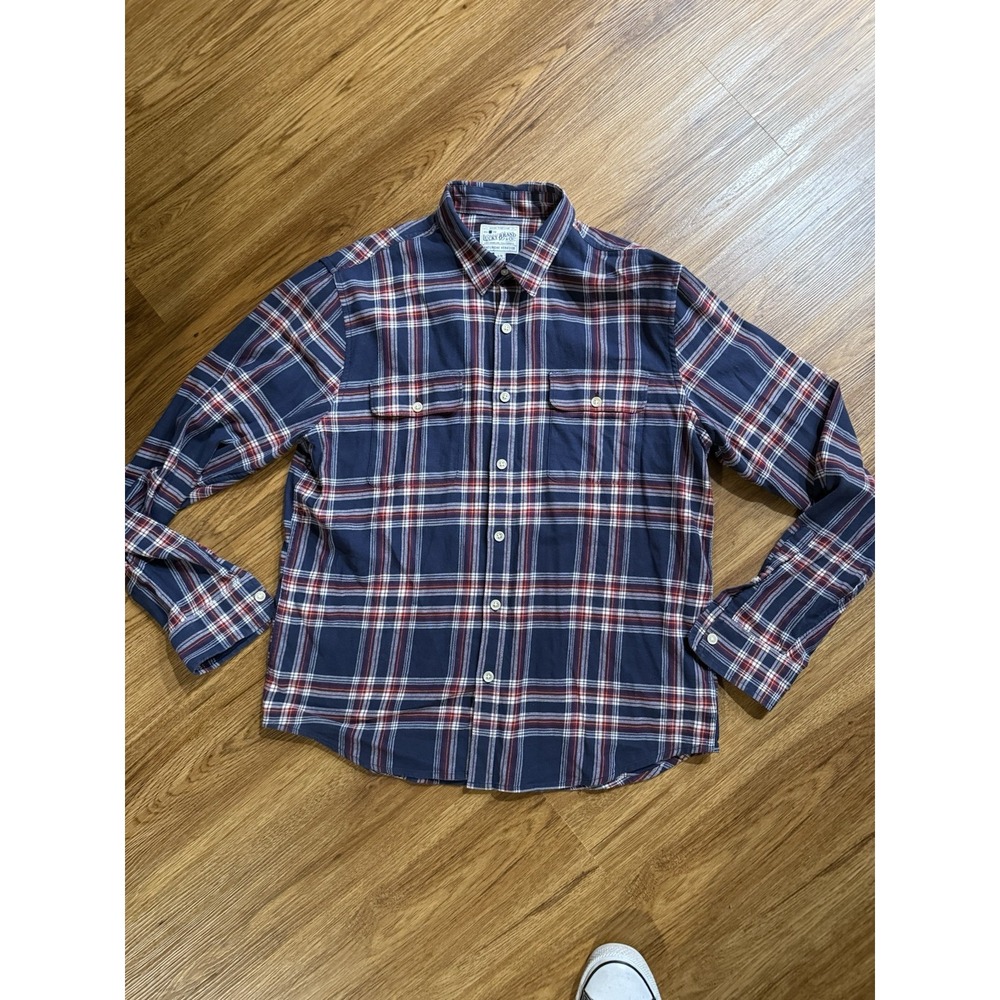 Lucky Brand Flannel Shirt Mens Large Blue Plaid Pockets